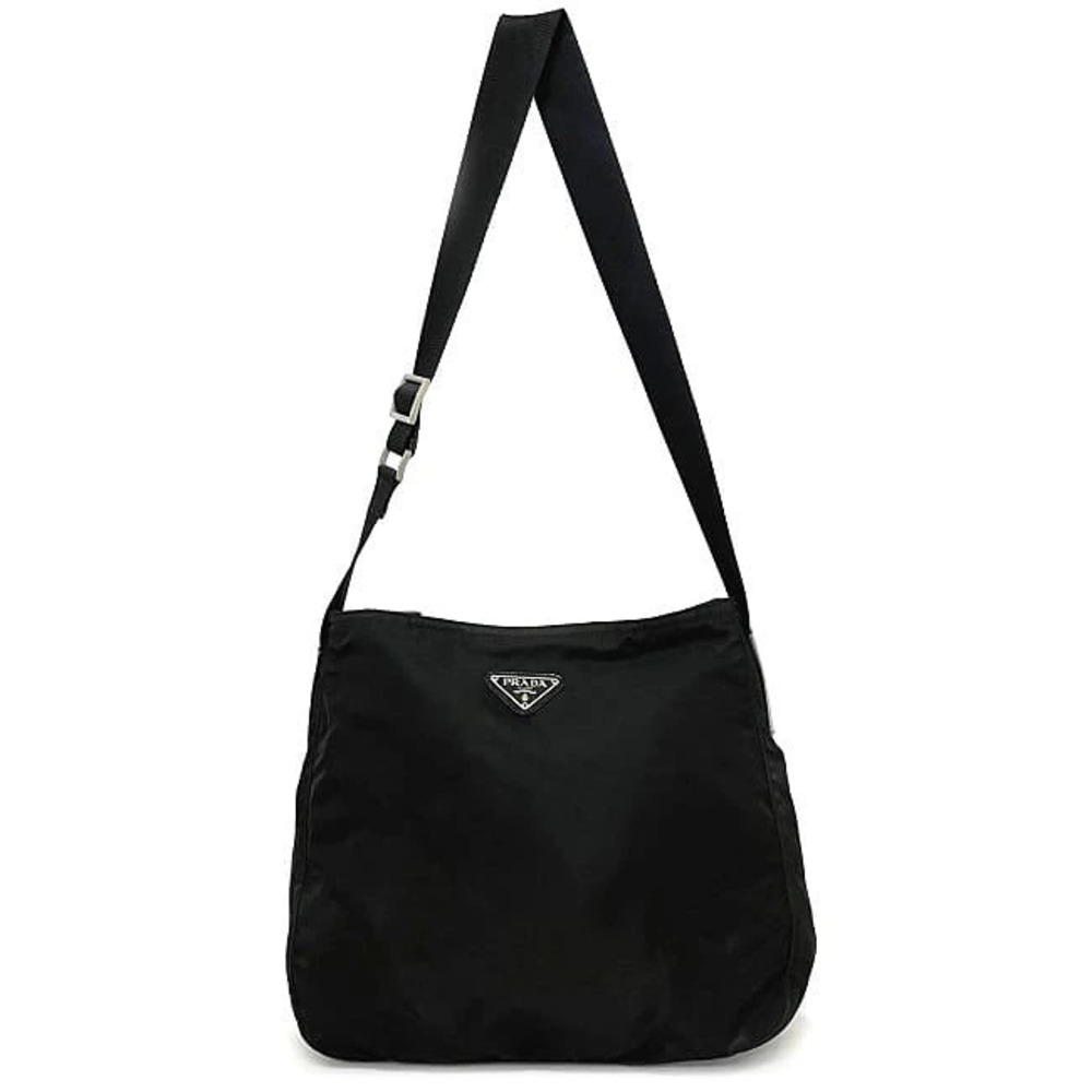 Prada Plate Zipper Leather Black Logo Bag Shoulder VELA Tessuto Triangle Silver